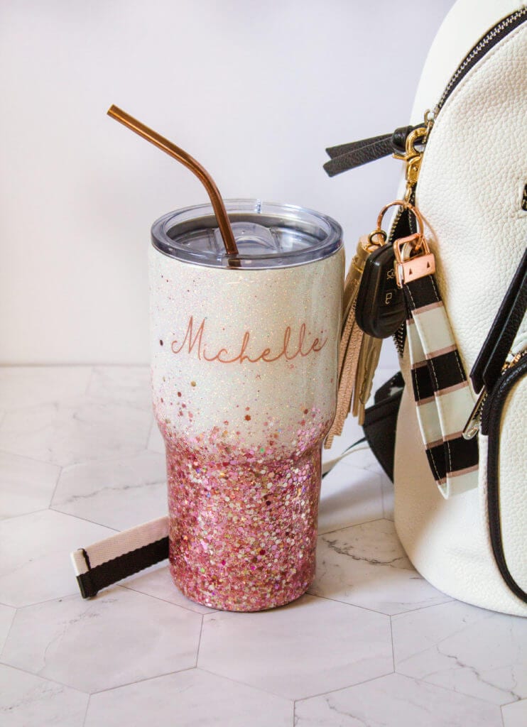 rose gold glitter tumbler purse organization