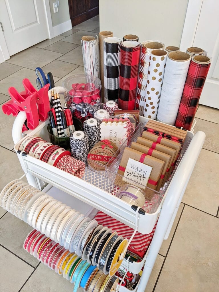 My new pantry shelves lined with wrapping paper from Michaels