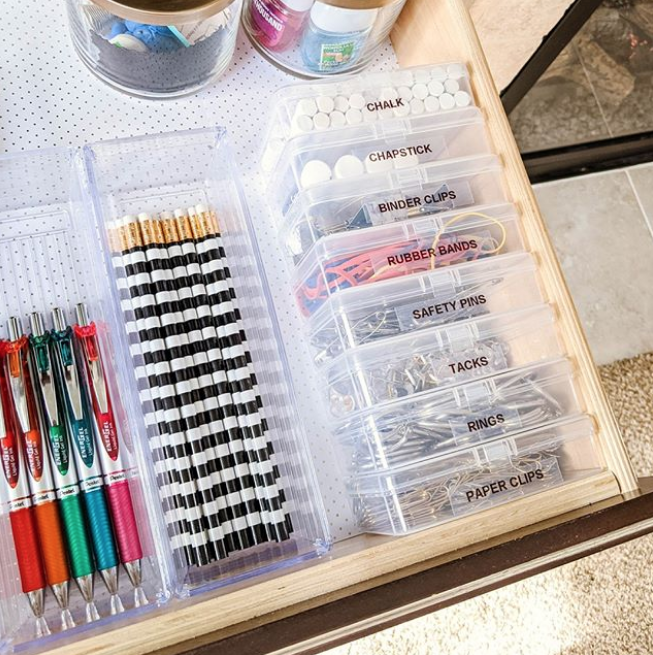 junk drawer organization in an entertainment center