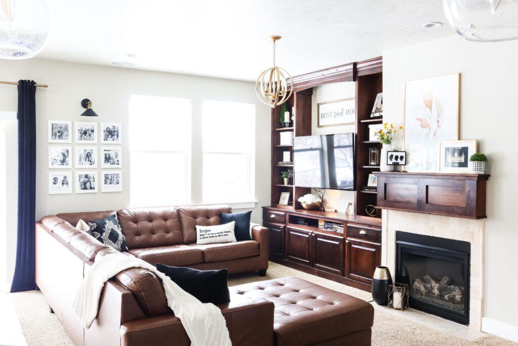 cozy family room with warm tones, and soft textures