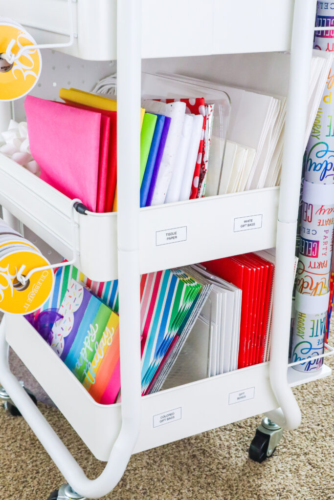 gift wrap cart to store and organize gift bags