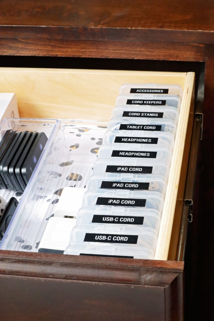labeled containers in your entertainment center keeps things organized