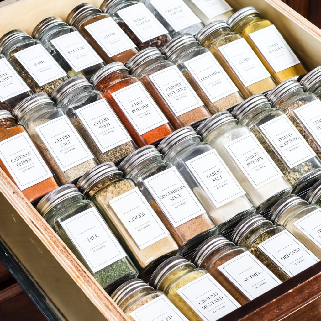 organize spices in a drawer with custom labels