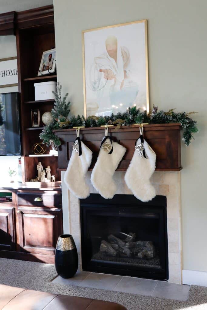 Christmas mantle decor with Christ photo