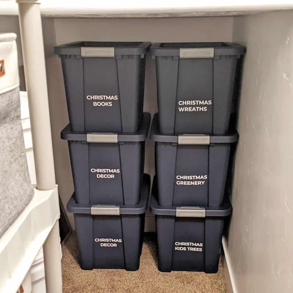 under the stairs organization with totes