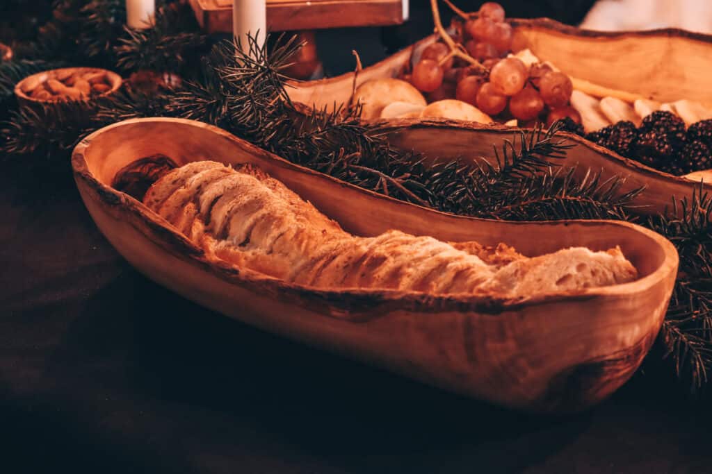 olive wood bread bowl with bread inside - Bethlehem dinner