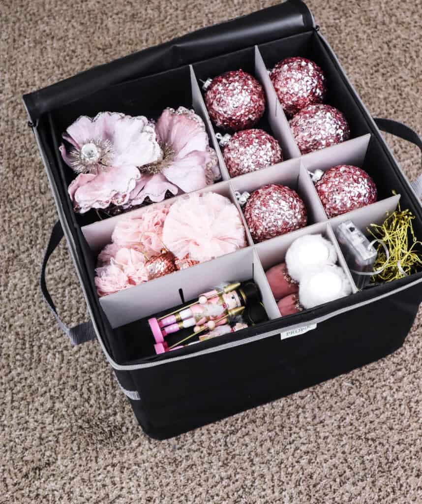girls bedroom Christmas tree ornaments organized in a box
