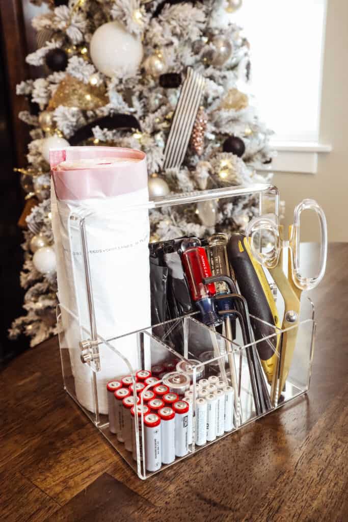 Christmas morning survival supplies organized in a utensil organizer