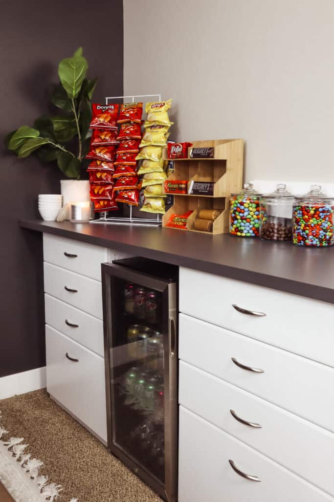 snack station for teen hangout space with a mini fridge