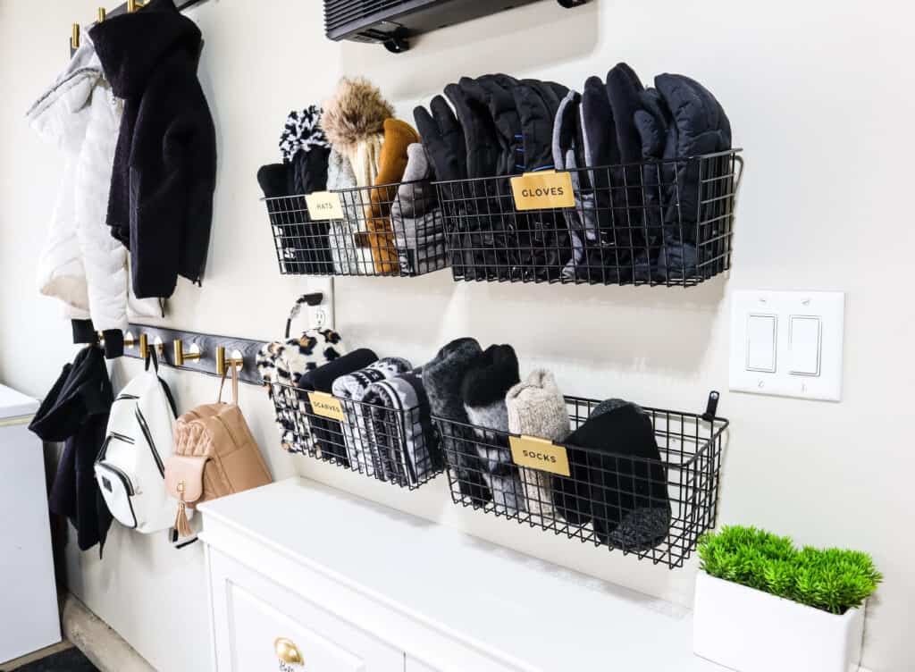 wire baskets to store winter gear gloves hats