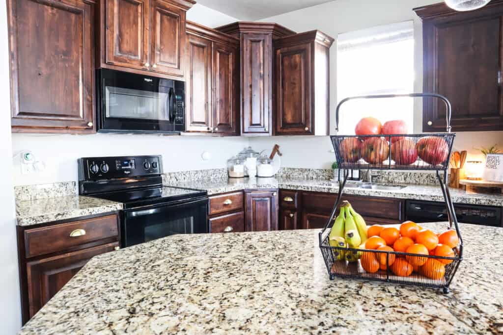 tiered fruit basket to maximize kitchen counter space